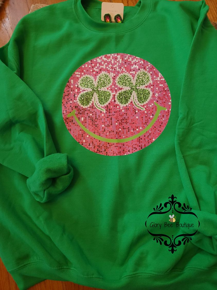 Faux Glitter St Patrick's Day Smiley Face Sweatshirt